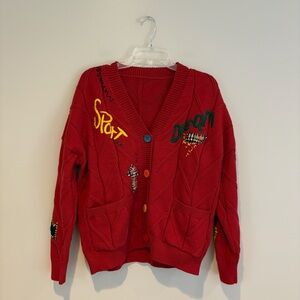 Ebossy Red Cable Knit Cardigan Sweater Size XL